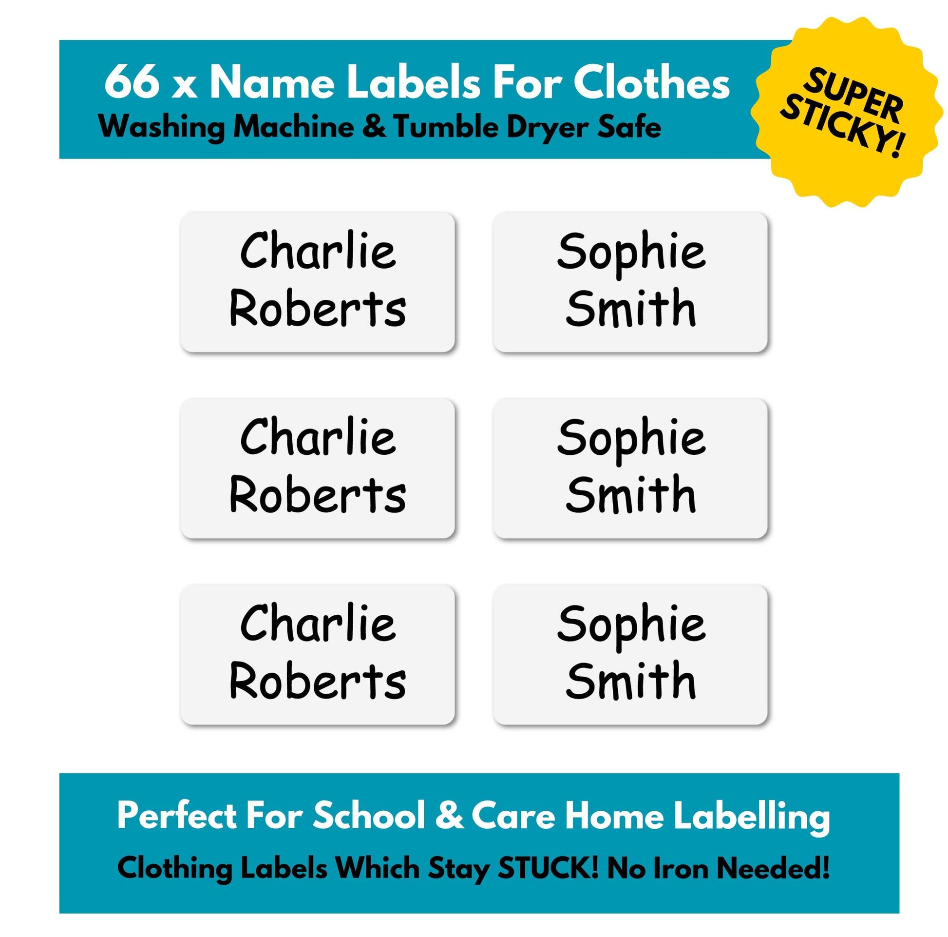 66 x Name Labels For Care Home & School Clothing Labels For Kids - Washable Clothes Label Stickers Tags Super Sticky Adhesive Waterproof
