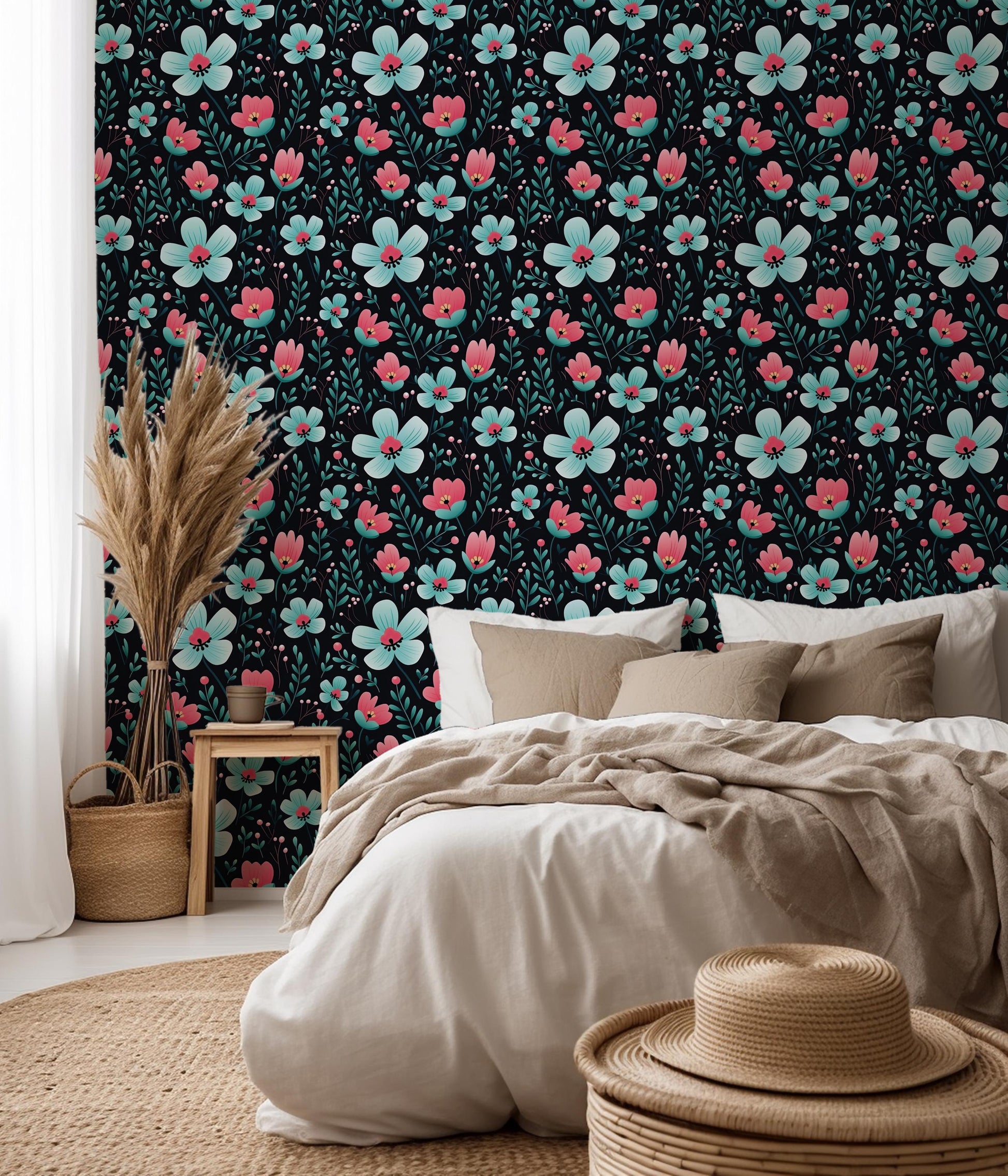 Black Red & Blue Buttercup Removable Stick On Wallpaper Peel And Stick Wallpaper Self Adhesive Renter Friendly