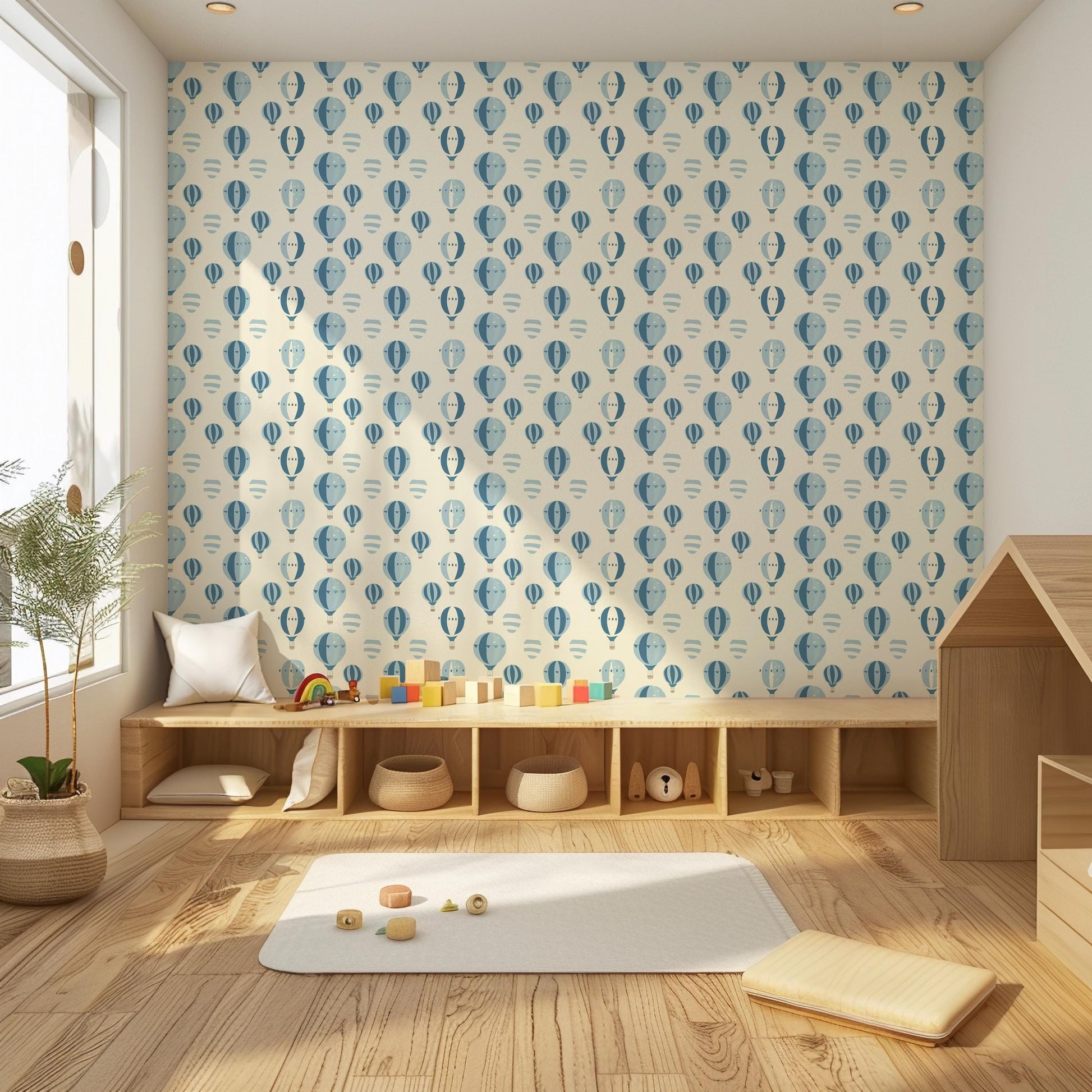 Hot Air Balloon Blue & White Nursery Kids Removable Peel And Stick Wallpaper Self Adhesive Renter Friendly