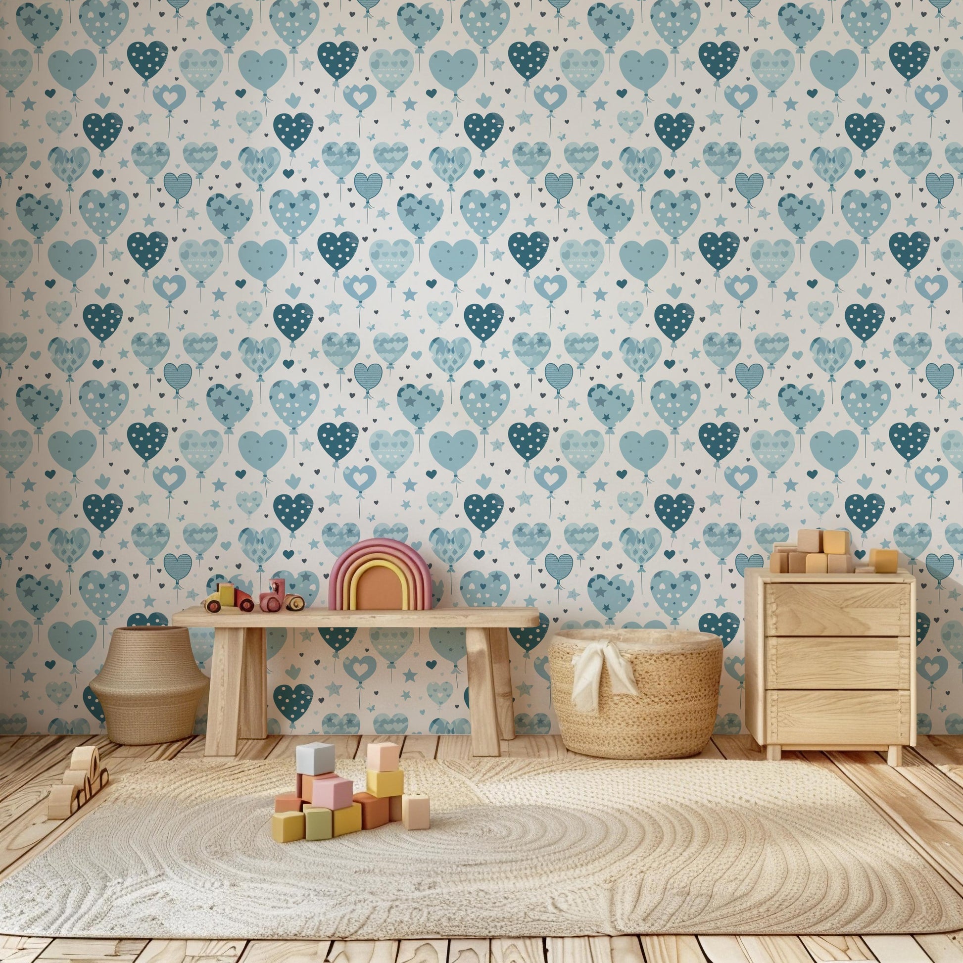 Watercolour Blues Balloon Hearts Kids Nursery Removable Peel And Stick Wallpaper Self Adhesive Renter Friendly