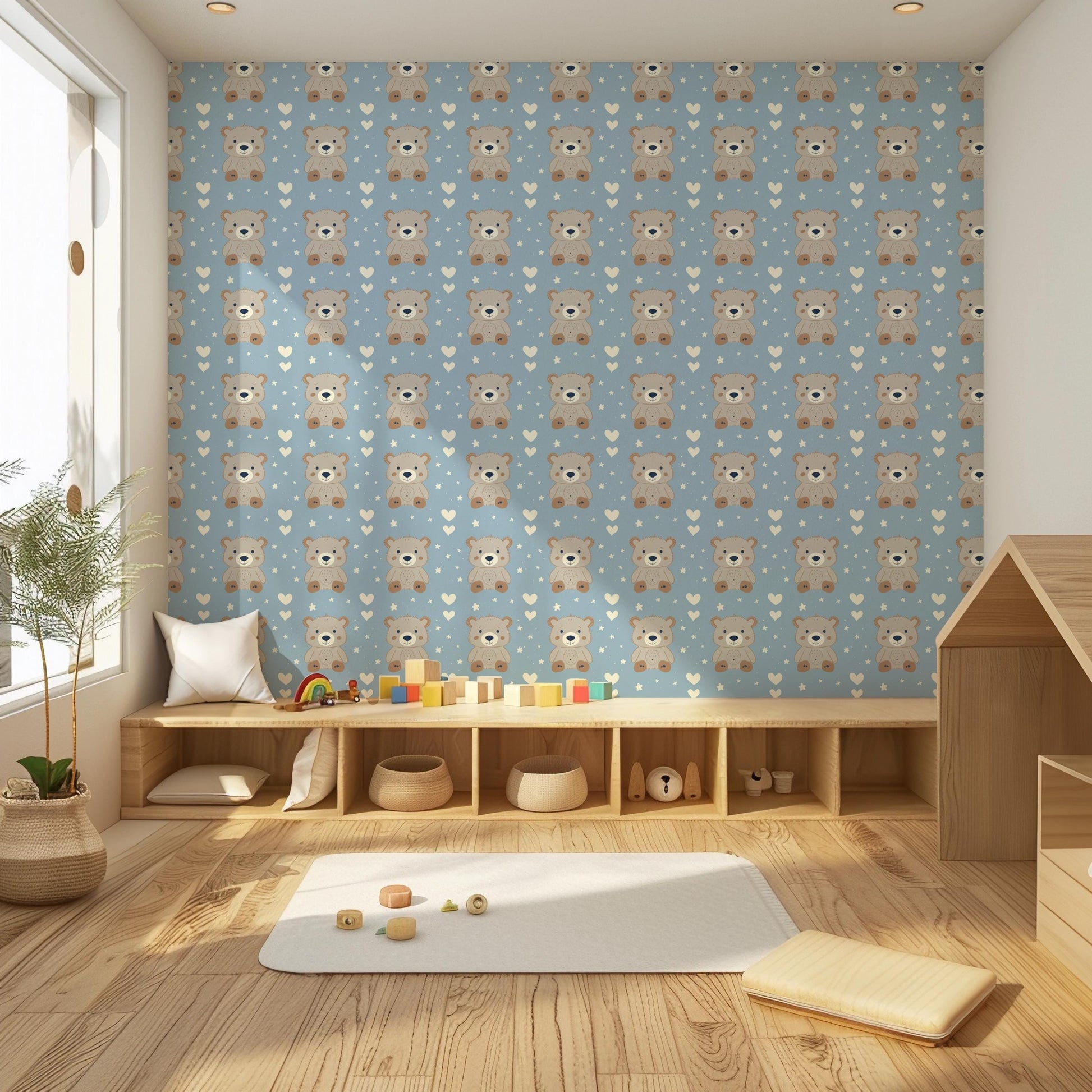 Baby Blue Teddy Bear Hearts Kids Nursery Peel And Stick Wallpaper Self Adhesive Renter Friendly