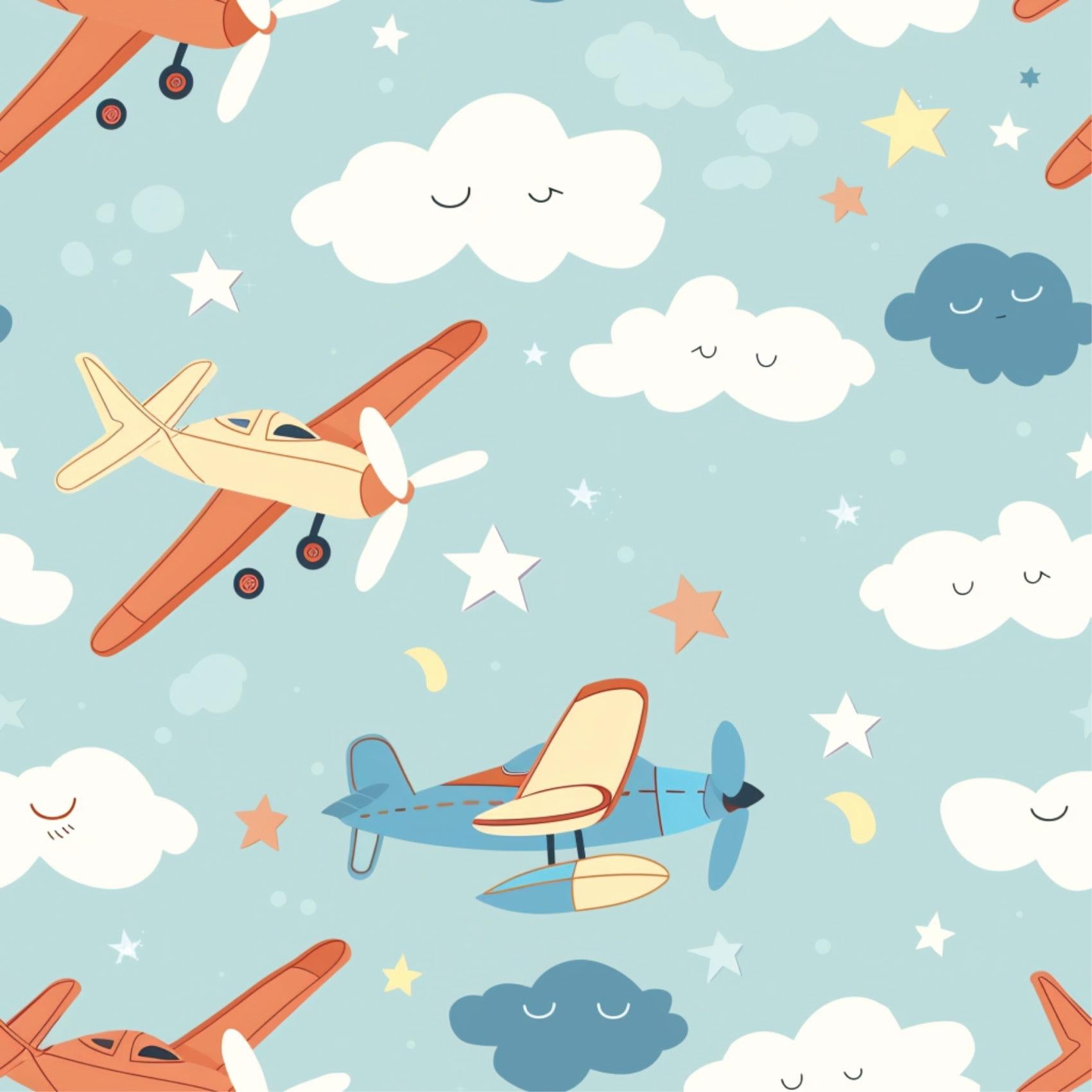 Pastel Blue Red Aeroplane Clouds Kids Nursery Peel And Stick Wallpaper Self Adhesive Removable