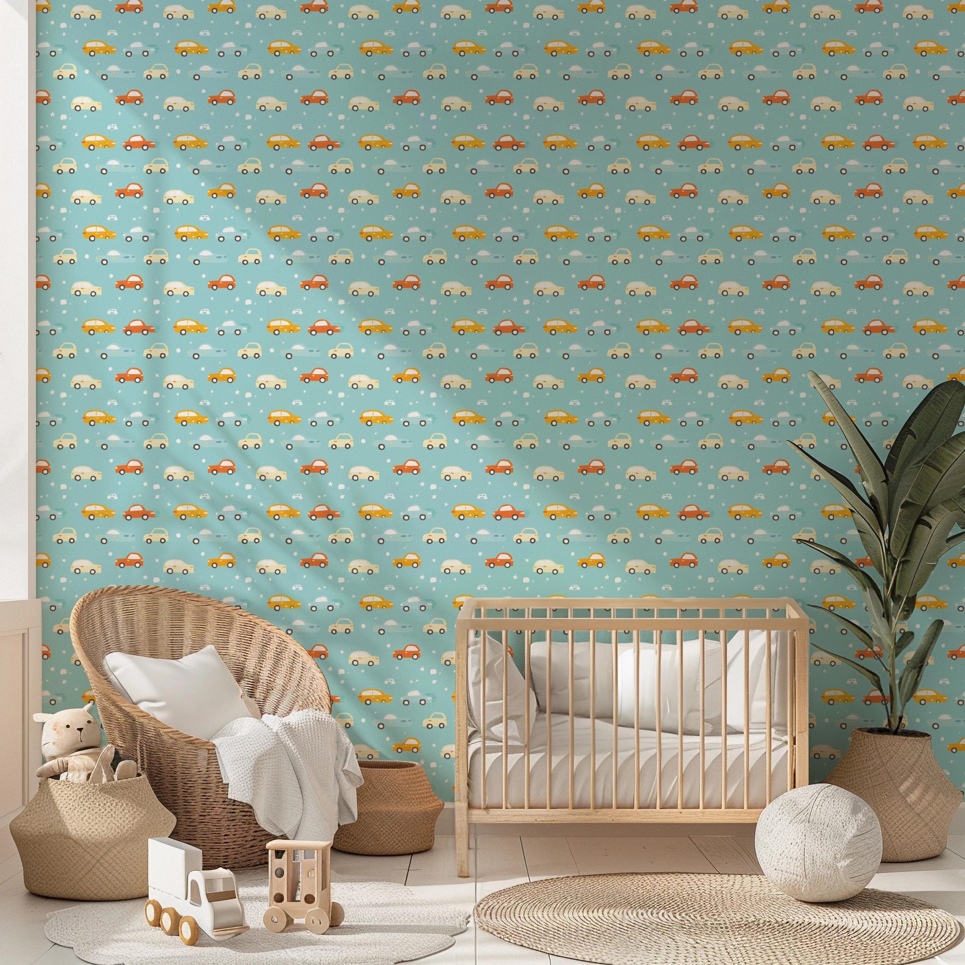 Light Blue Red Yellow Cars Vehicles Kids Nursery Peel And Stick Wallpaper Self Adhesive Removable
