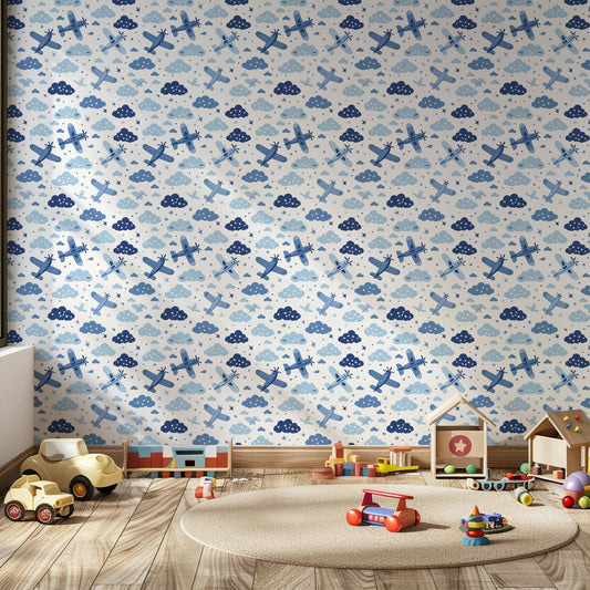 Watercolour Blue Aeroplane Clouds Sky Kids Nursery Peel And Stick Wallpaper Self Adhesive Renter Friendly