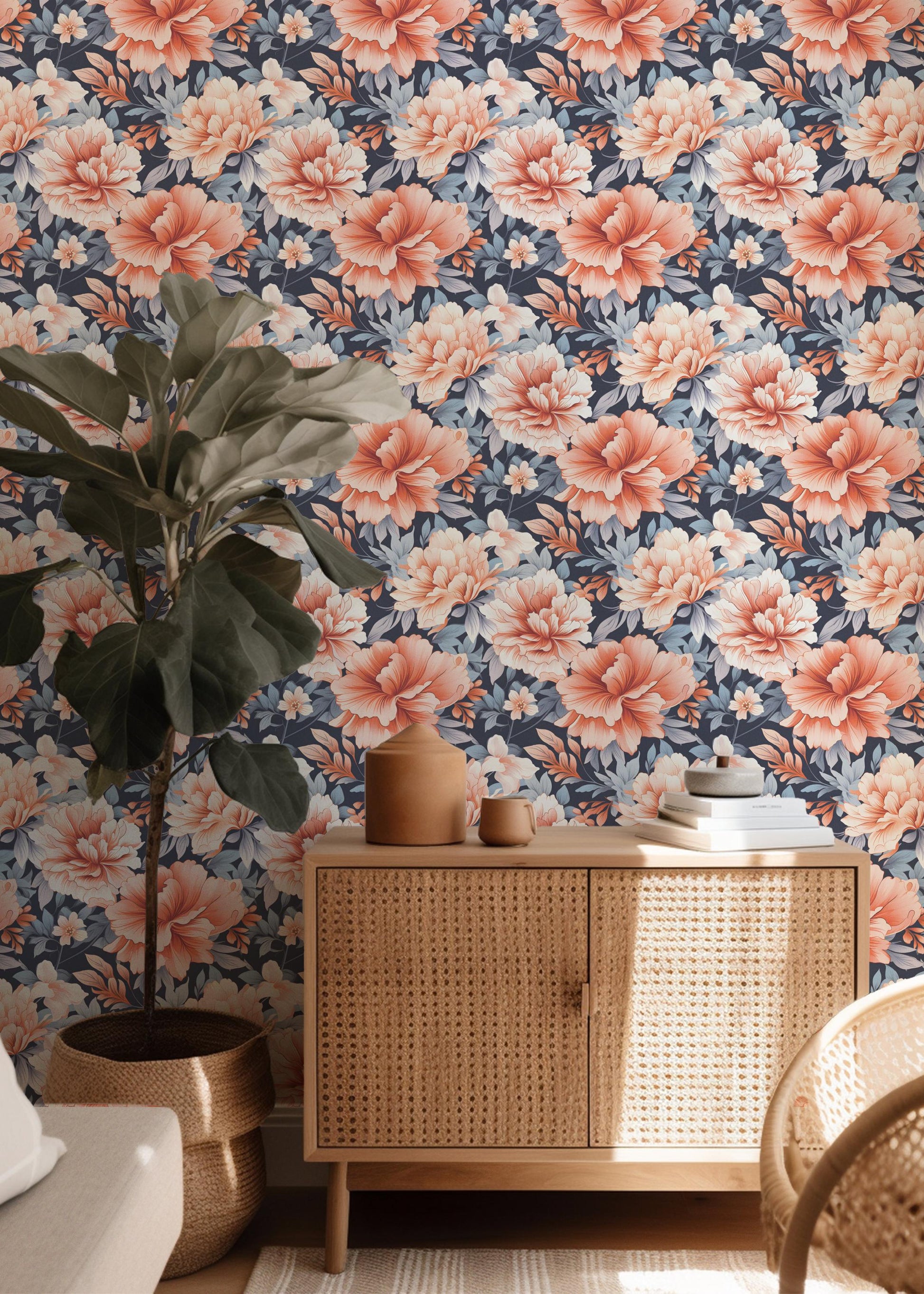 Coral Blue Pastel Large Flowers Peel And Stick Wallpaper Renter Friendly Self Adhesive Stick-On Removable