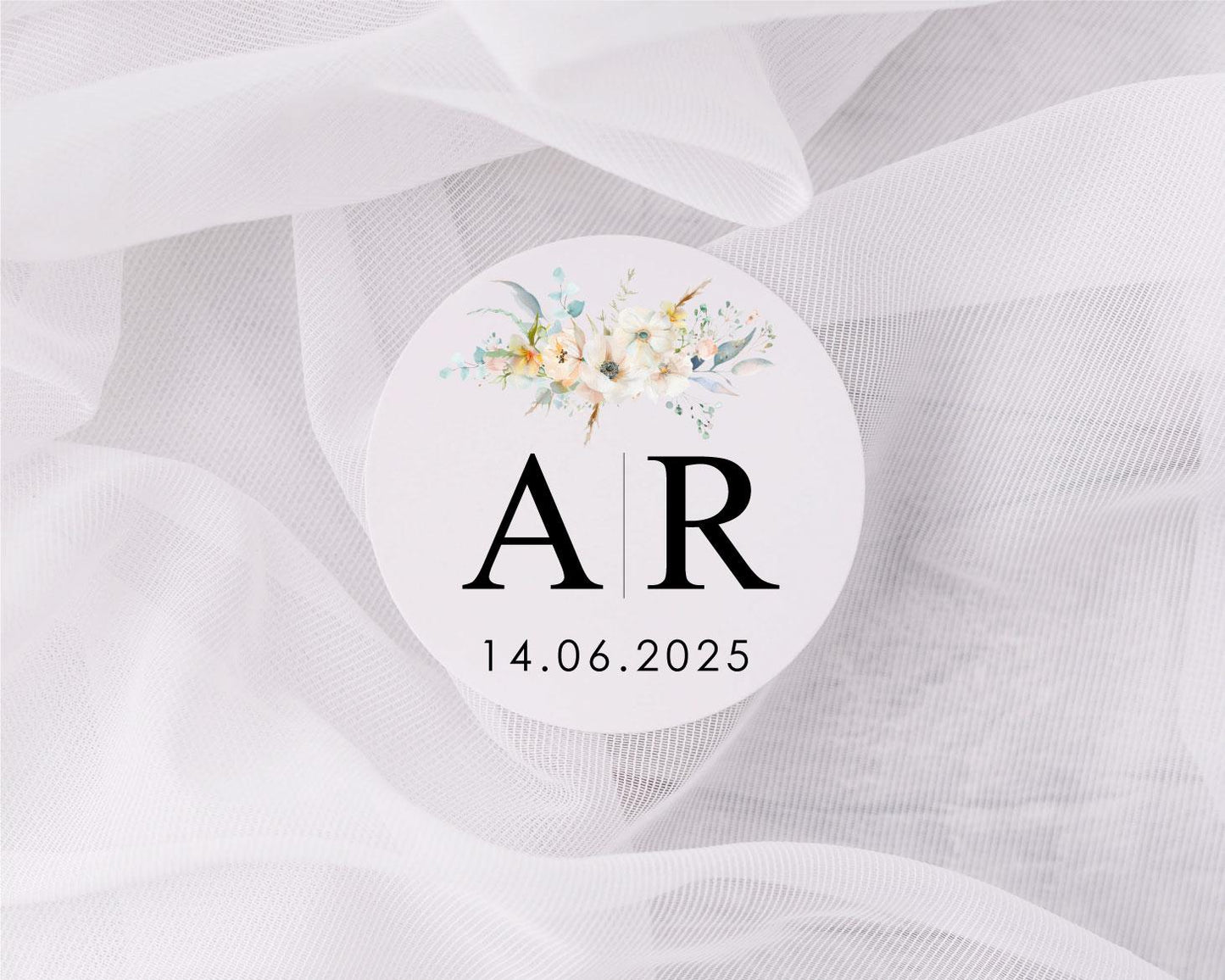Floral Monogram Wedding Gift Label Stickers - Personalised Labels For Wedding Favours - Initials & Date Custom Stickers Floral