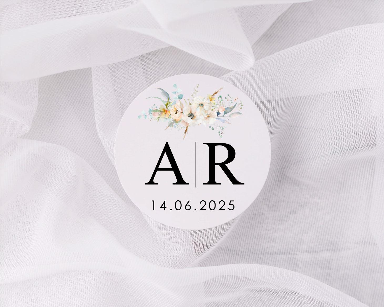 Floral Monogram Wedding Gift Label Stickers - Personalised Labels For Wedding Favours - Initials & Date Custom Stickers Floral