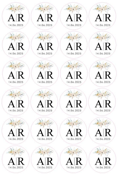 Floral Monogram Wedding Gift Label Stickers - Personalised Labels For Wedding Favours - Initials & Date Custom Stickers Floral