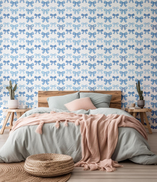 Watercolour Navy Blue Pretty Bows Kids Nursery Removable Peel And Stick Wallpaper Self Adhesive Renter Friendly