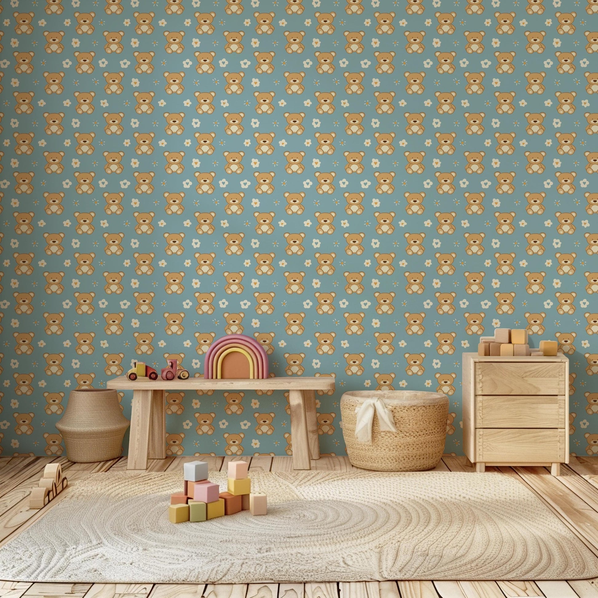 Baby Blue Small Teddy Bear Flower Kids Nursery Peel And Stick Wallpaper Self Adhesive Renter Friendly