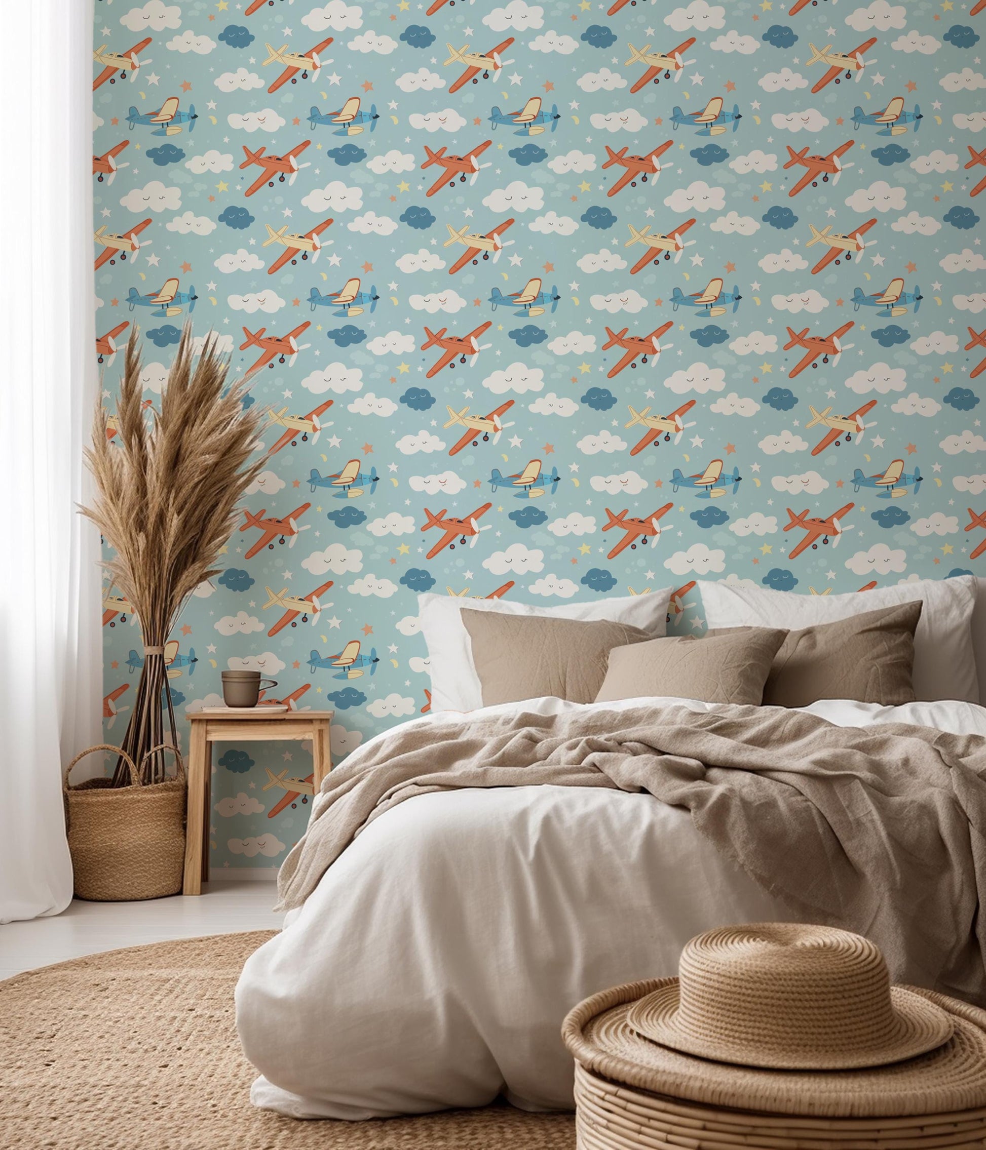 Pastel Blue Red Aeroplane Clouds Kids Nursery Peel And Stick Wallpaper Self Adhesive Removable