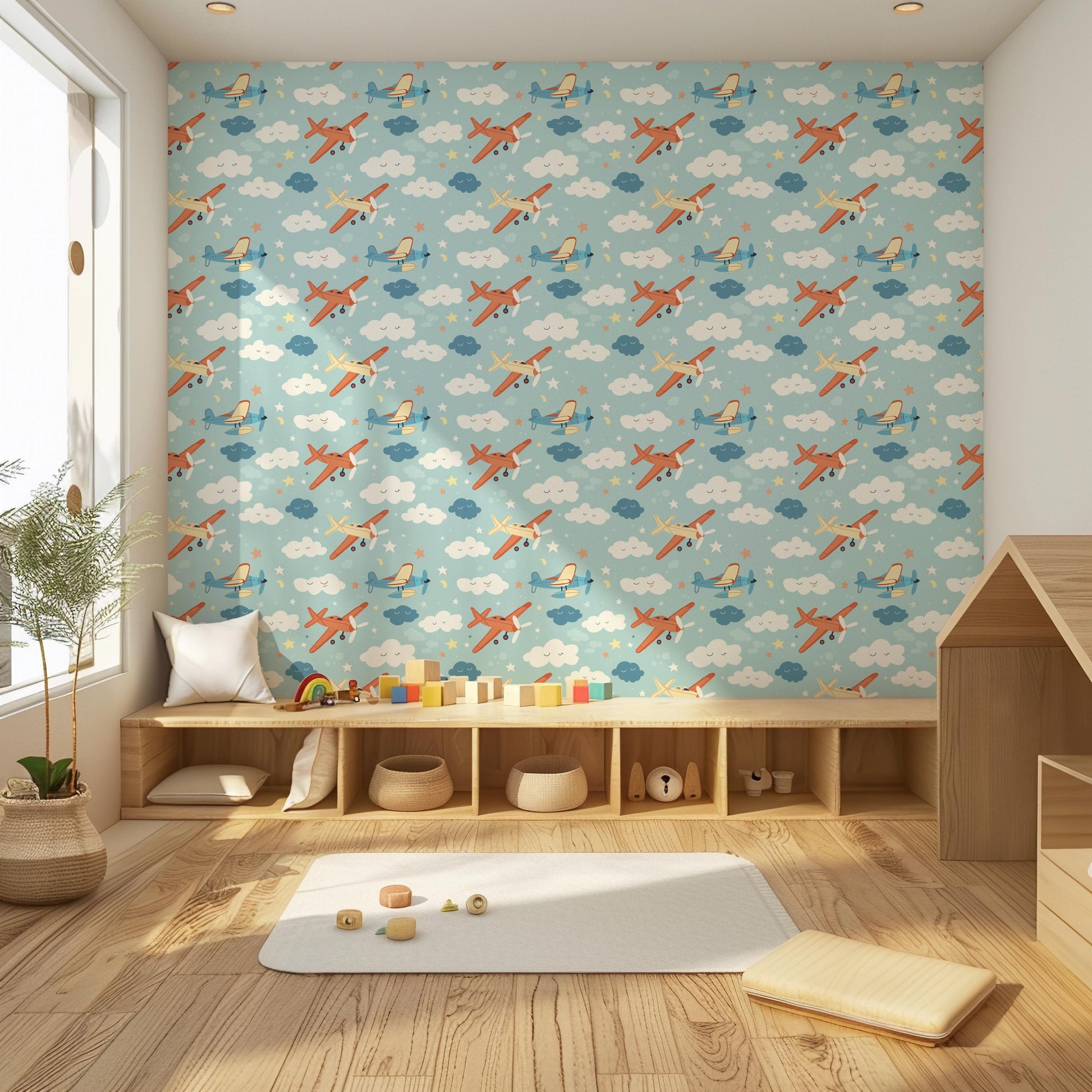 Pastel Blue Red Aeroplane Clouds Kids Nursery Peel And Stick Wallpaper Self Adhesive Removable