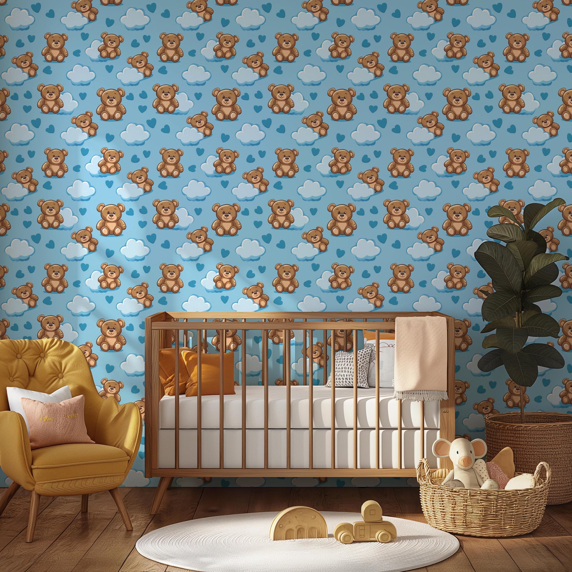 Blue Cute Teddy Bear Hearts Kids Nursery Peel And Stick Wallpaper Self Adhesive Renter Friendly