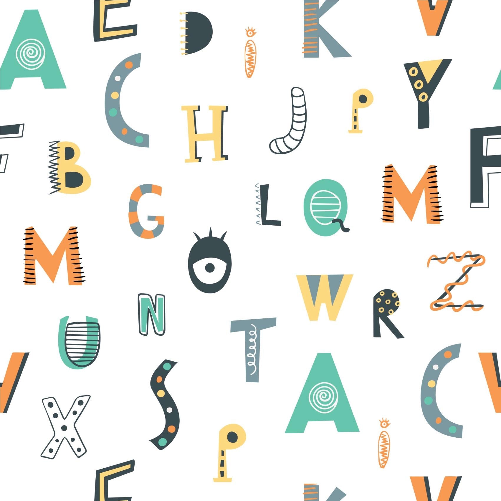 Green Orange Doodle Drawn Alphabet Letters Playroom Peel And Stick Wallpaper Self Adhesive Removeable For Kids