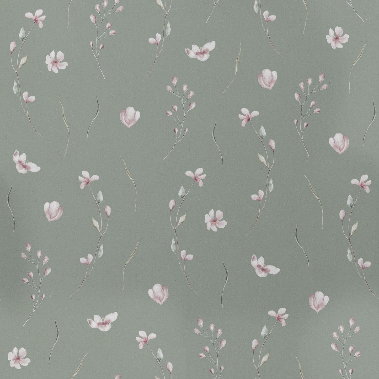 Olive Green Mini Pink Flower Leafy Peel And Stick Wallpaper Removeable