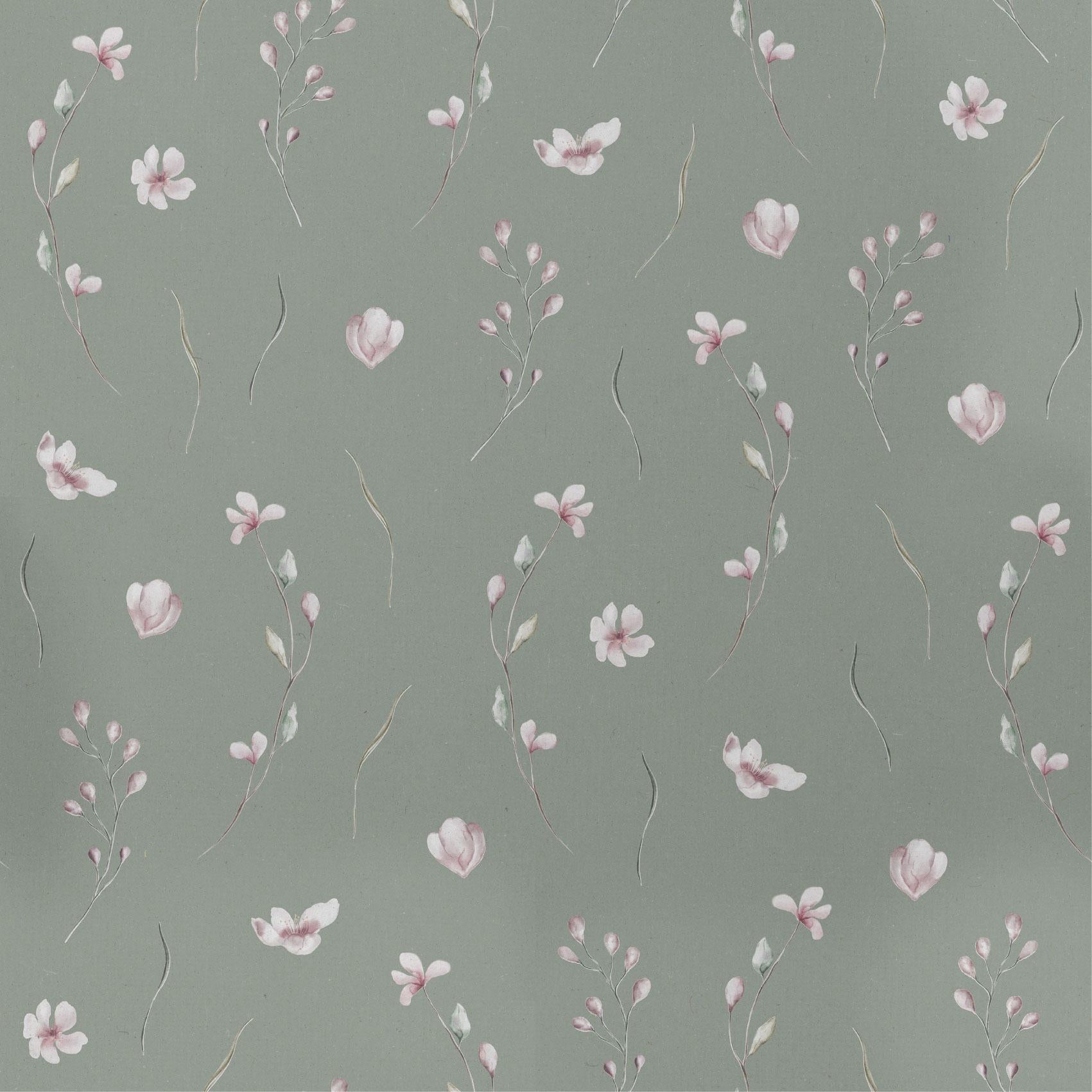 Olive Green Mini Pink Flower Leafy Peel And Stick Wallpaper Removeable