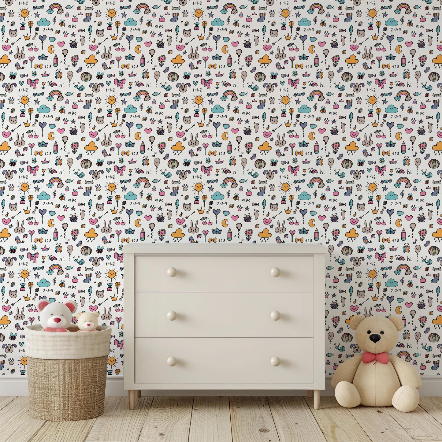 Colourful Doodle Drawn Animal Rainbow Cat Dog Peel And Stick Wallpaper For Kids Renter Friendly