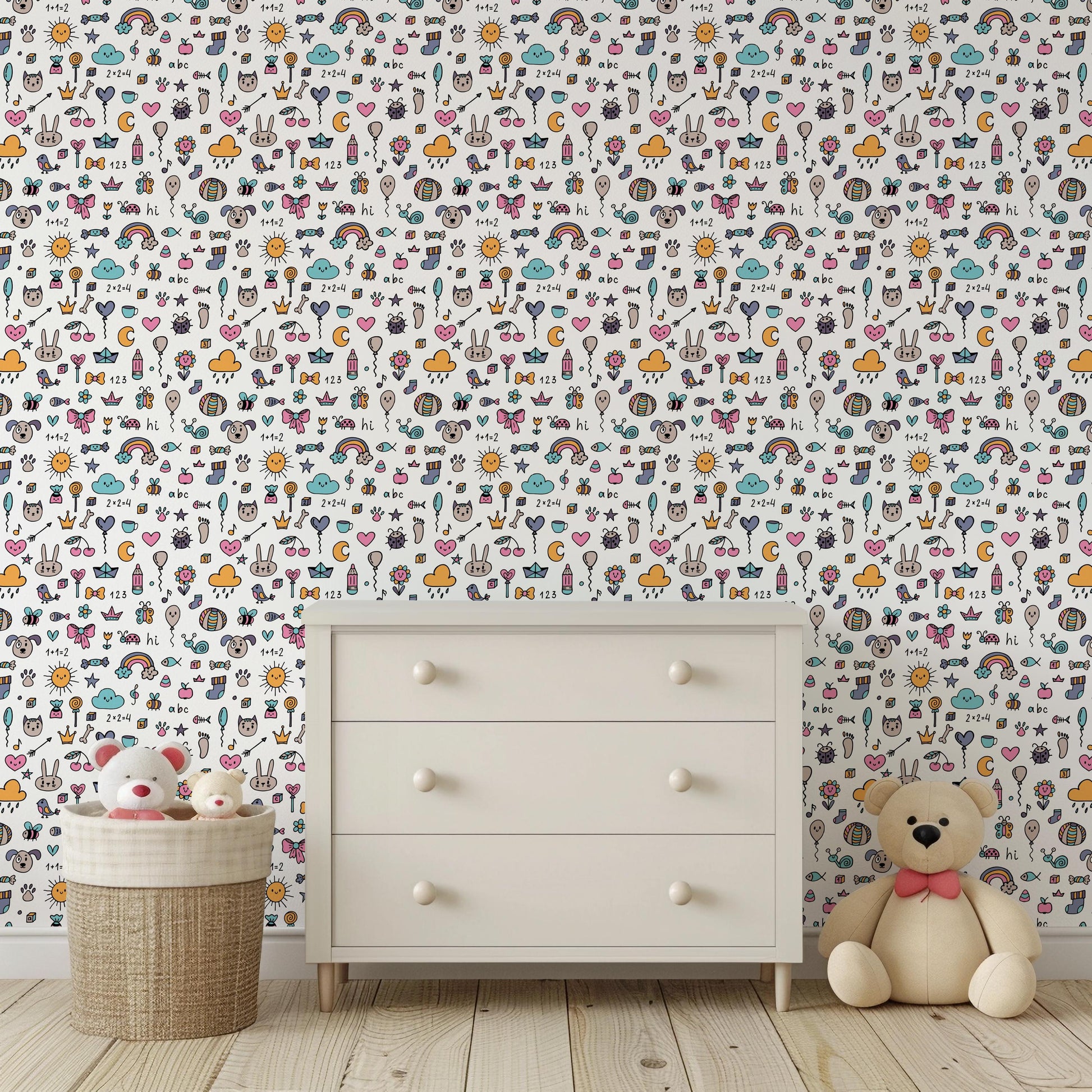 Colourful Doodle Drawn Animal Rainbow Cat Dog Peel And Stick Wallpaper For Kids Renter Friendly