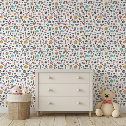 Colourful Doodle Drawn Animal Rainbow Cat Dog Peel And Stick Wallpaper For Kids Renter Friendly
