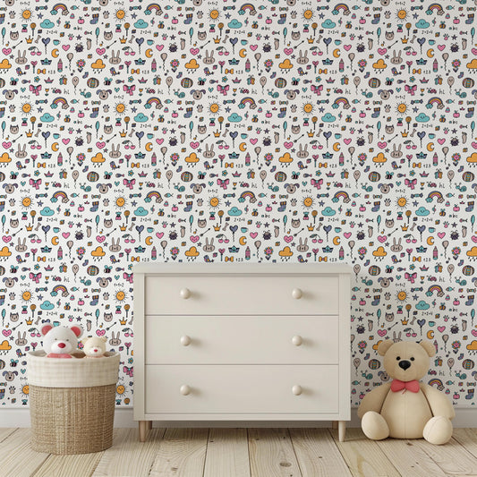 Colourful Doodle Drawn Animal Rainbow Cat Dog Peel And Stick Wallpaper For Kids Renter Friendly