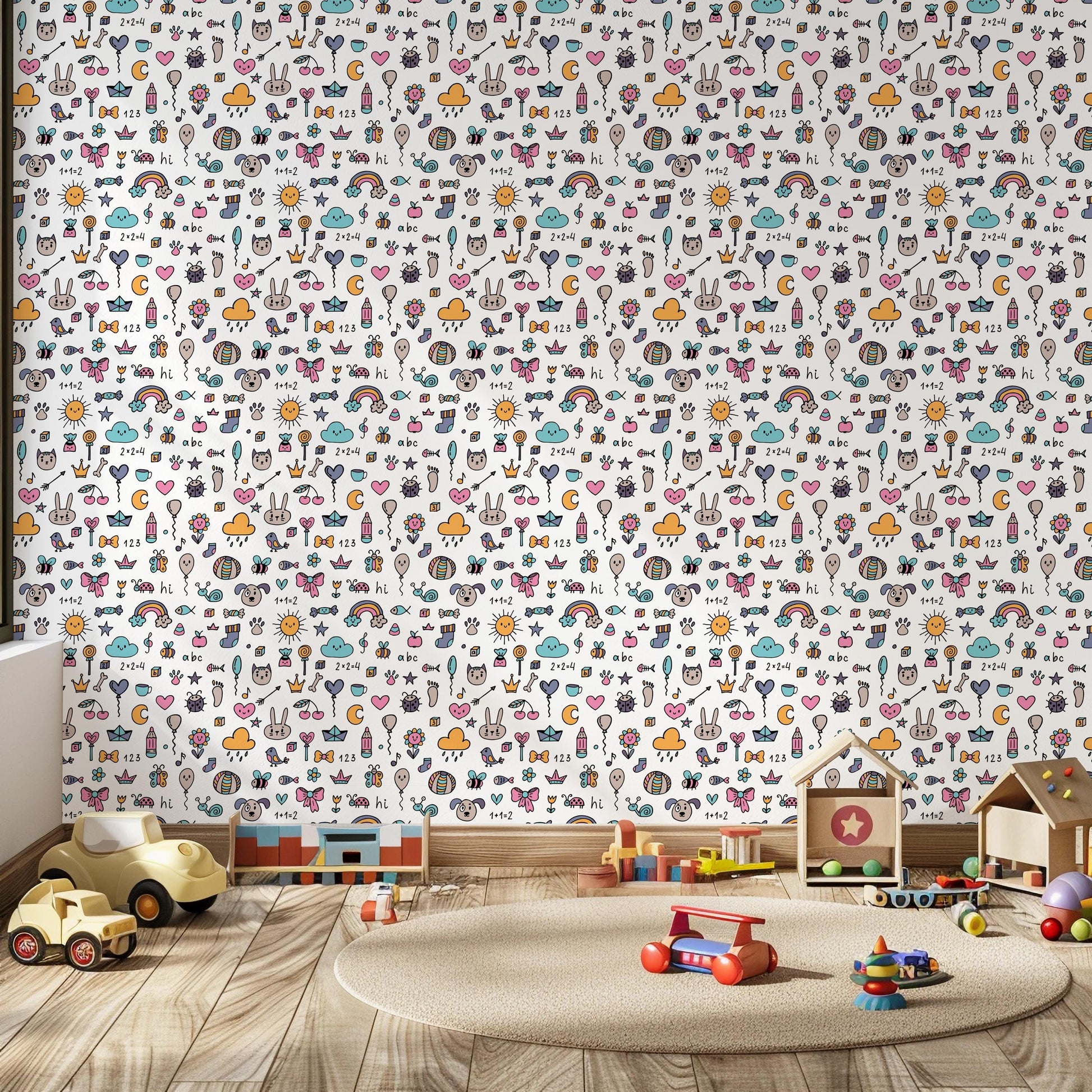 Colourful Doodle Drawn Animal Rainbow Cat Dog Peel And Stick Wallpaper For Kids Renter Friendly