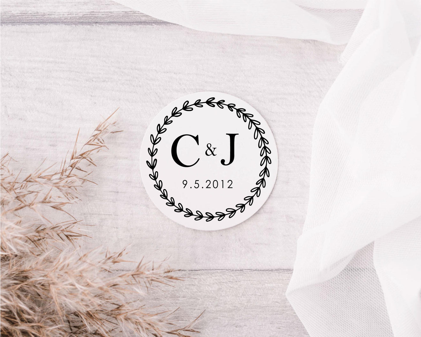 Custom Wedding Initials And Date Labels - Personalised Round Stickers For Wedding Day Favours Minimalist Design