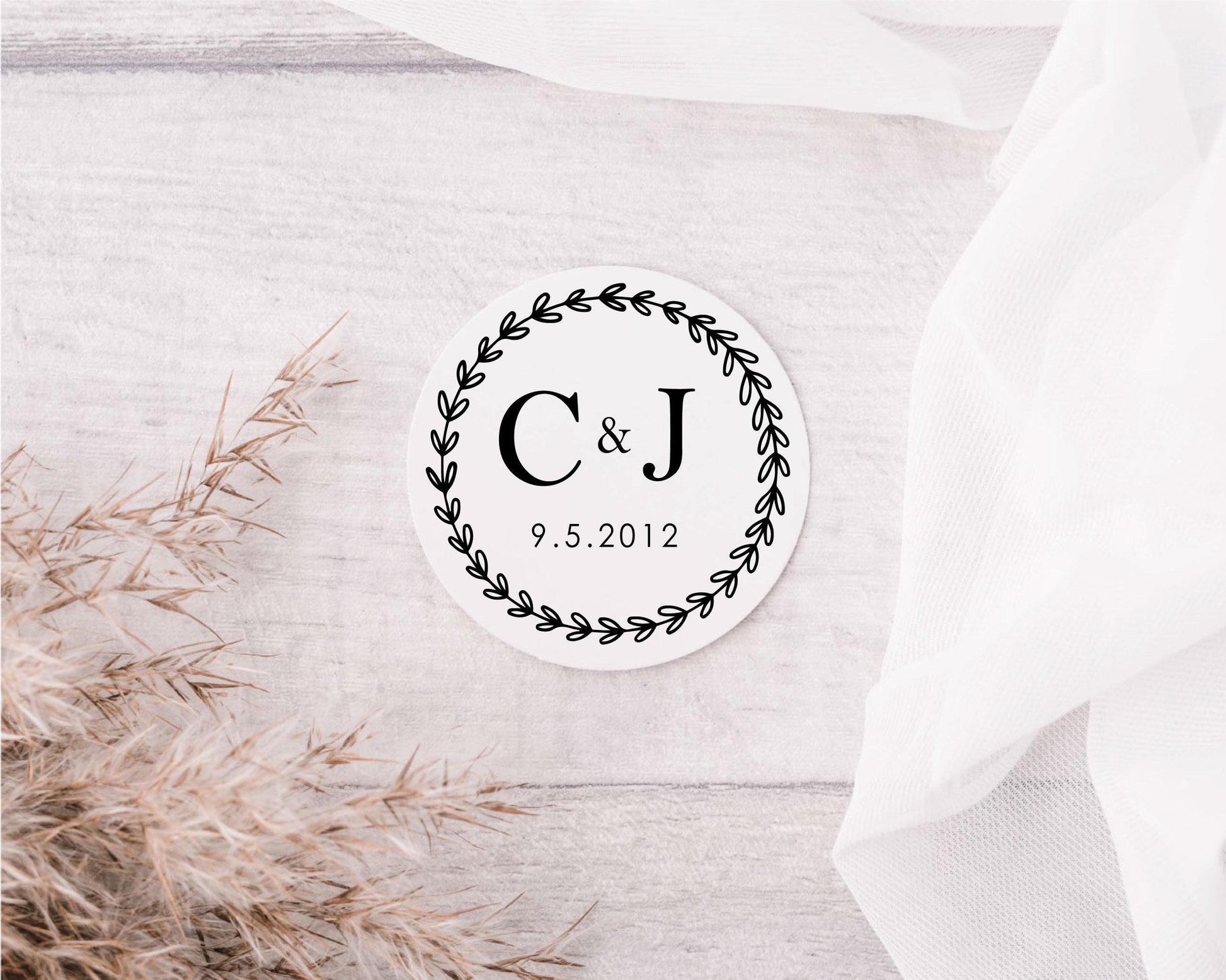 Custom Wedding Initials And Date Labels - Personalised Round Stickers For Wedding Day Favours Minimalist Design