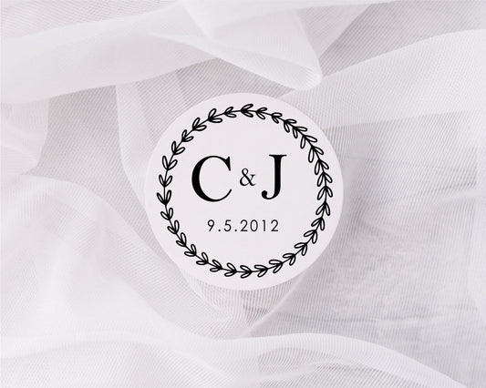 Personalised Wedding Labels Wreath- Customised Wedding Favour Stickers Names Dates Table Gift