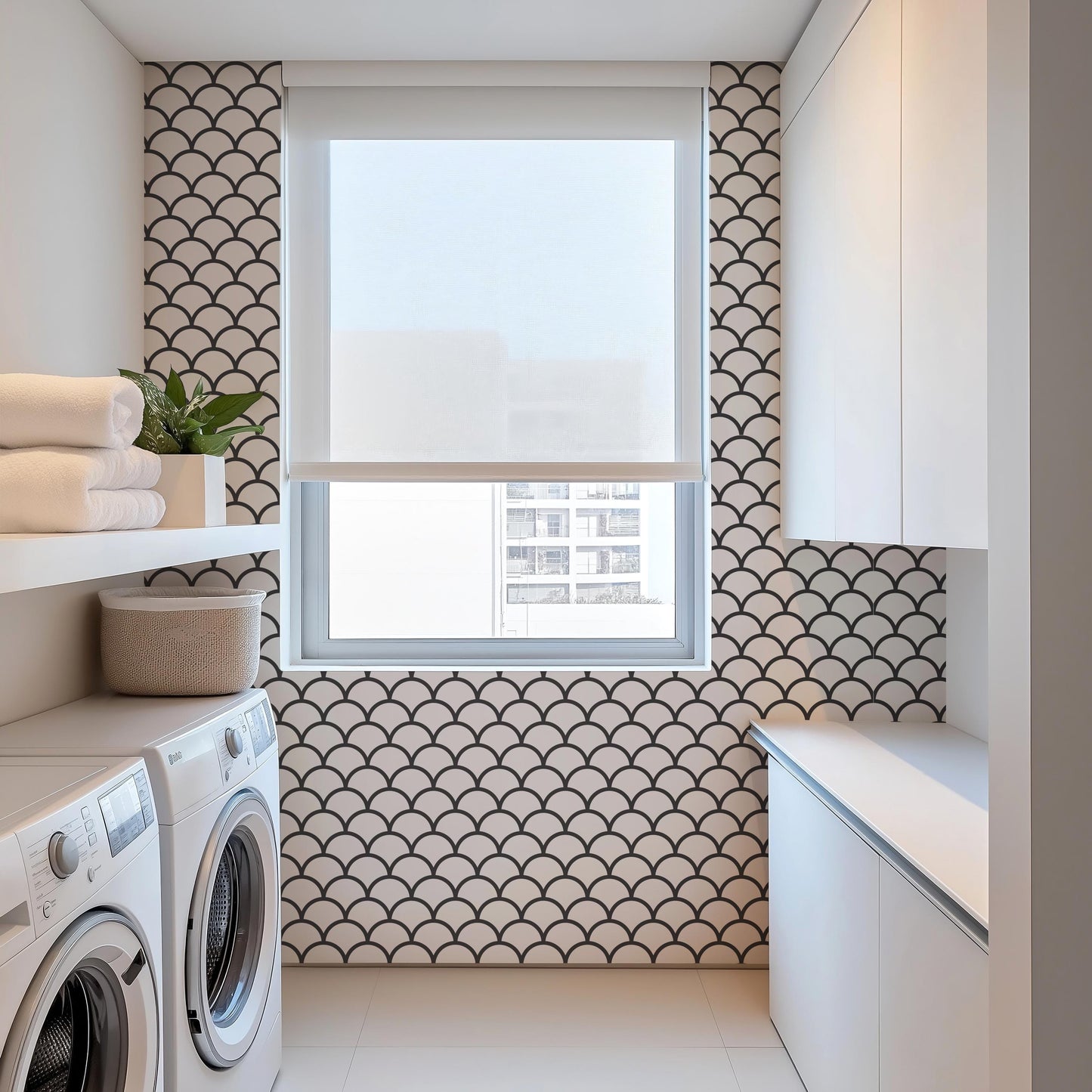 Geometric Mermaid Waves Black & White Peel And Stick Wallpaper Removeable