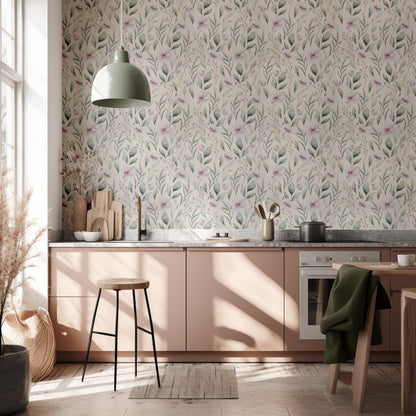 Watercolour Green Pink Leafy Petals Peel And Stick Wallpaper Renter Friendly