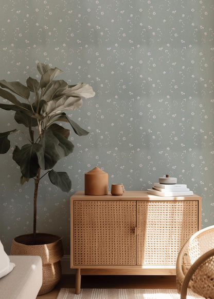 Olive Green Mini Pink Flower Leafy Peel And Stick Wallpaper Removeable