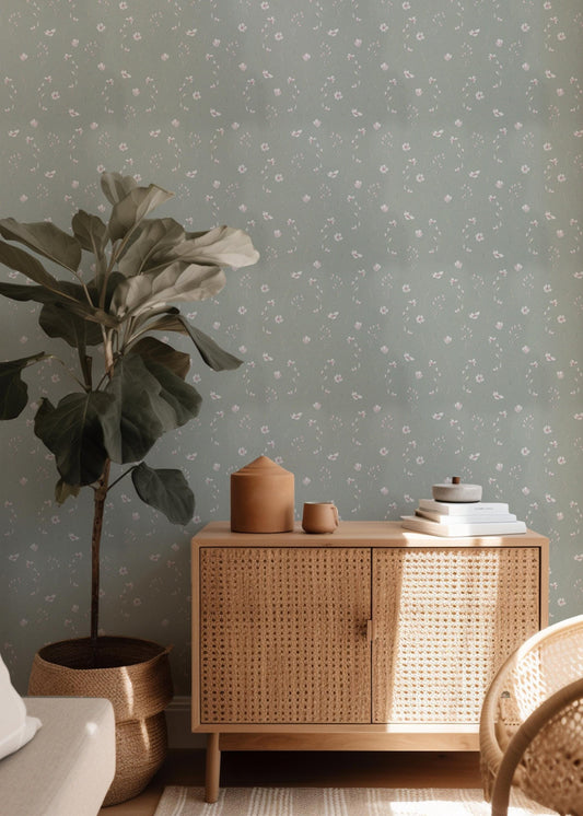 Olive Green Mini Pink Flower Leafy Peel And Stick Wallpaper Removeable