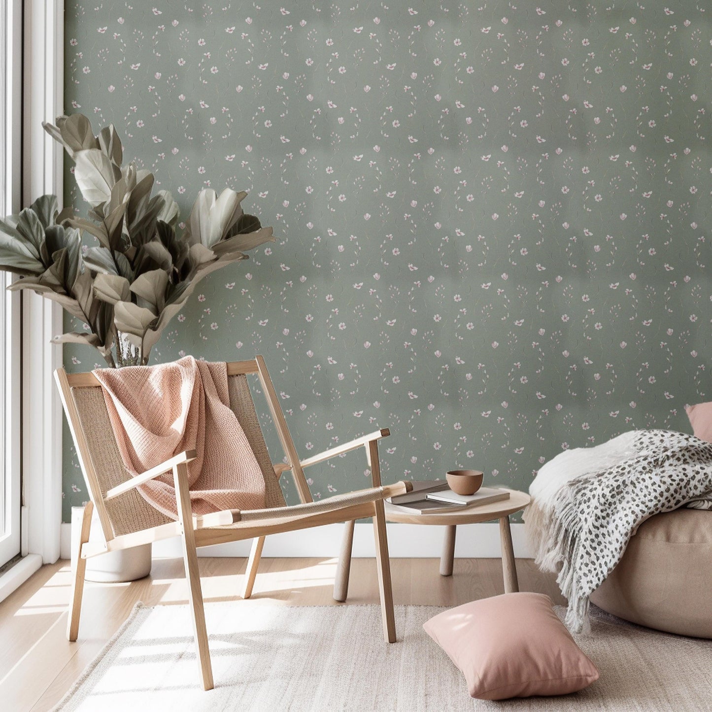 Olive Green Mini Pink Flower Leafy Peel And Stick Wallpaper Removeable