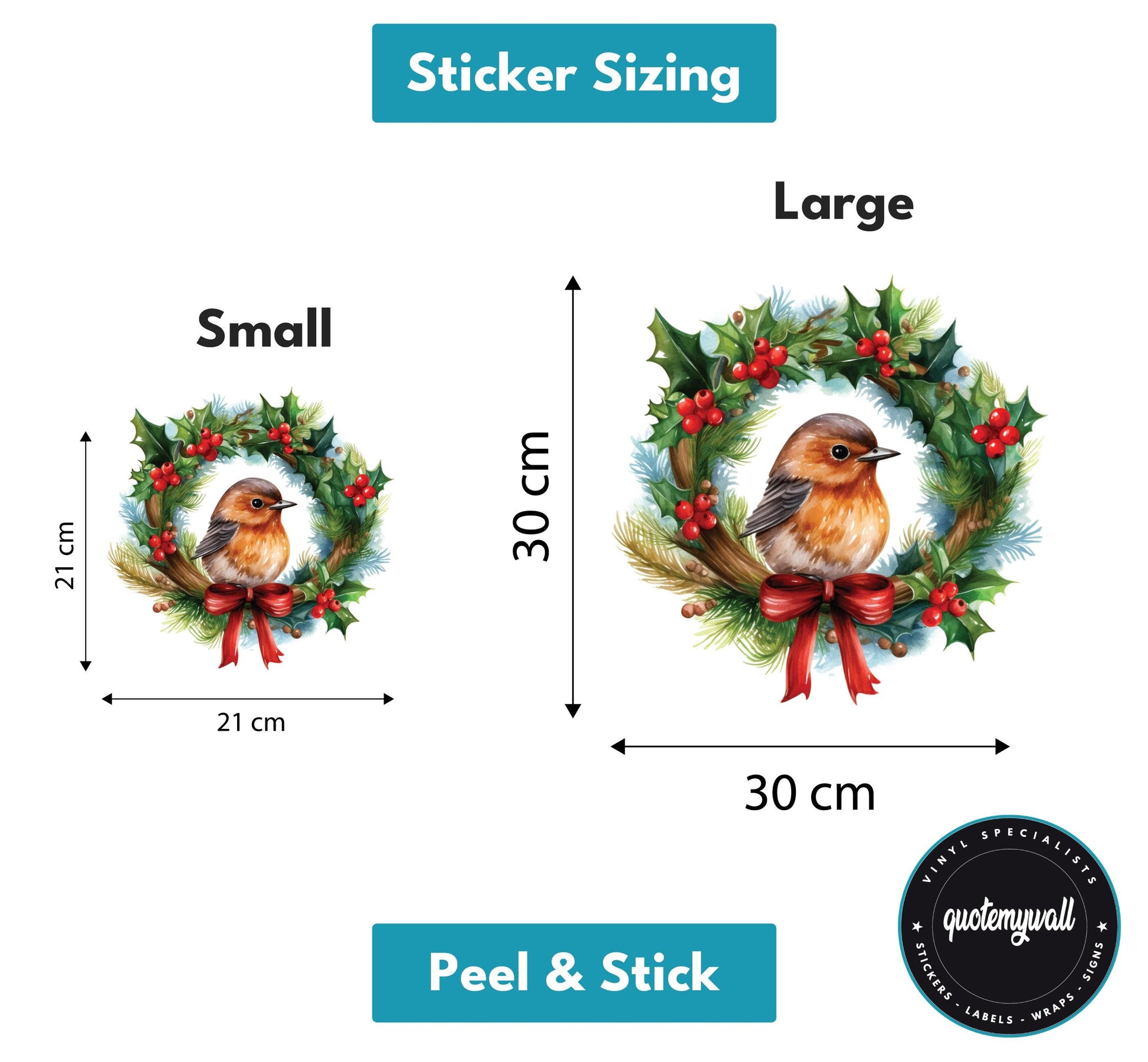 Decorative Robin Christmas Window Sticker In Wreath | Red Bow, Berries & Holly Xmas Window Decorations
