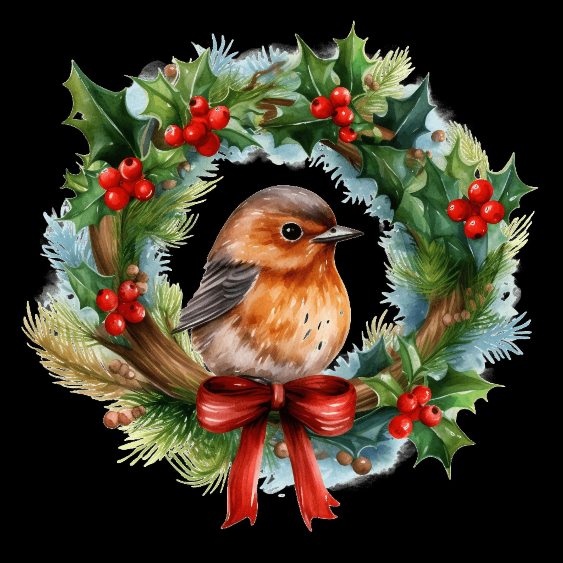 Decorative Robin Christmas Window Sticker In Wreath | Red Bow, Berries & Holly Xmas Window Decorations