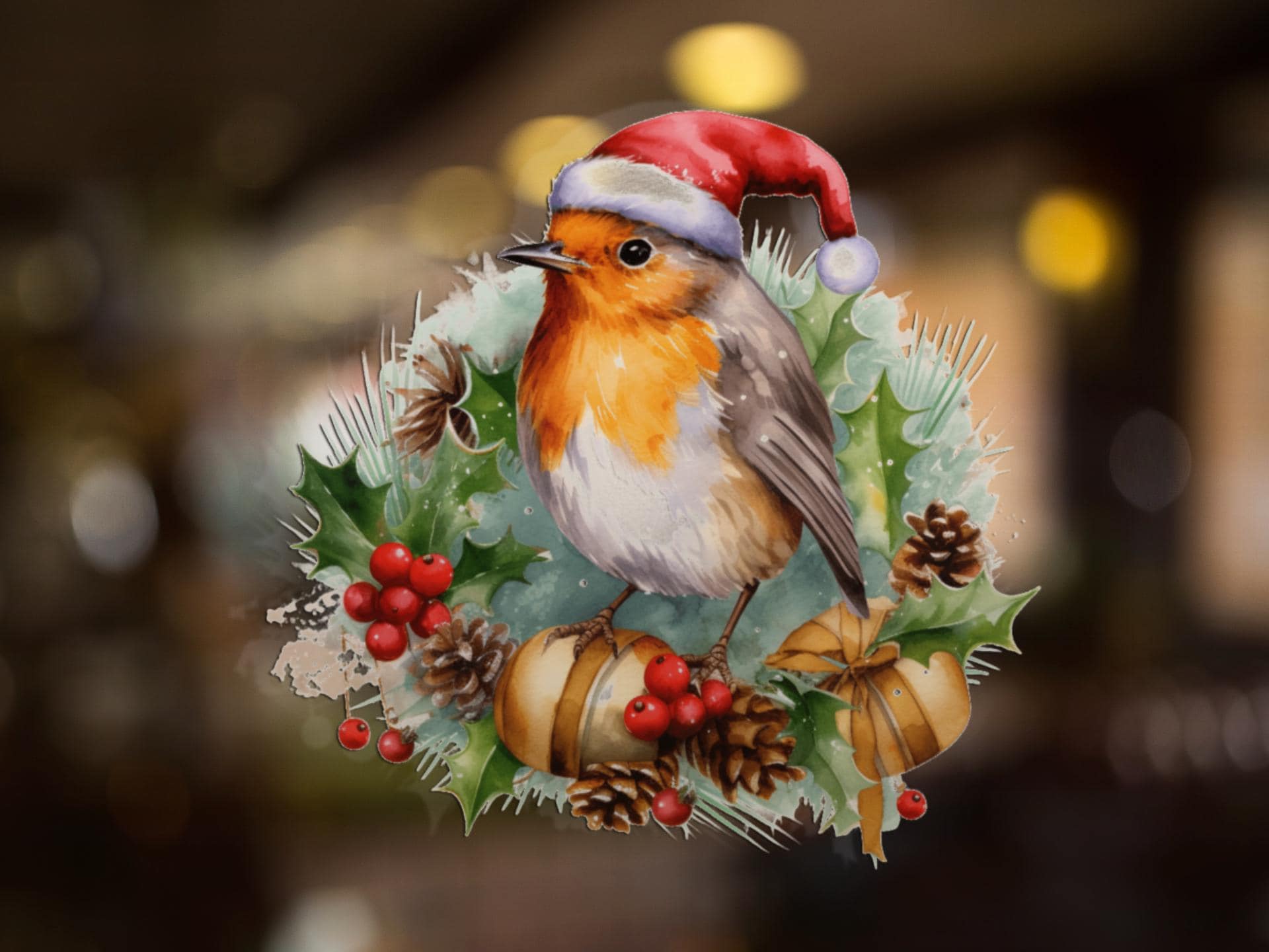 robin santa hat wreath christmas window stickers decorations watercolour