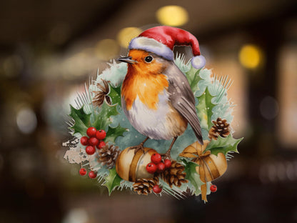 robin santa hat wreath christmas window stickers decorations watercolour