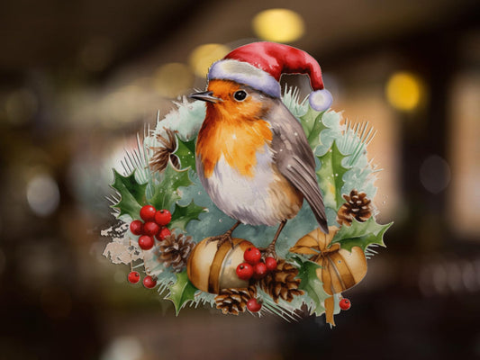 robin santa hat wreath christmas window stickers decorations watercolour