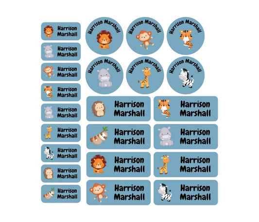 blue safari animals mixed pack name labels for kids school uniform and clothes name tags