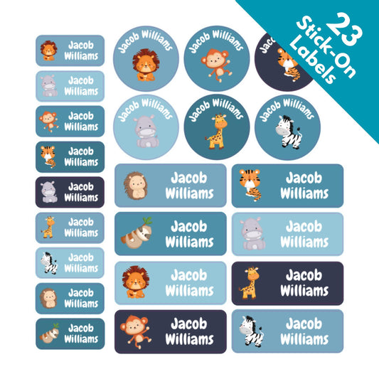 mixed blue colour animal name label tags for kids uk clothes clothing stick on custom washable