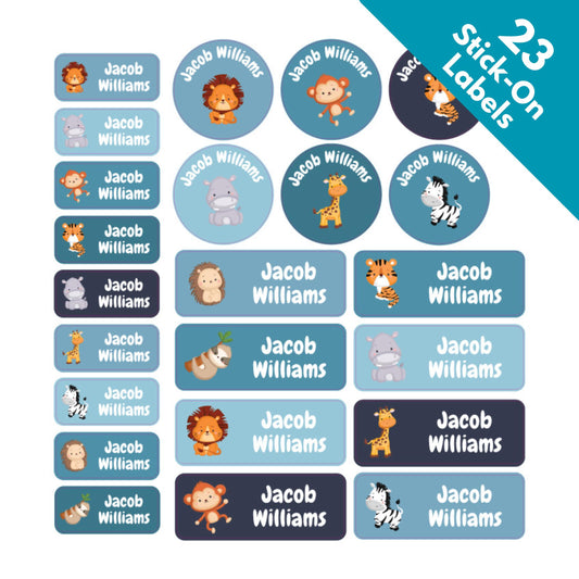 mixed blue colour animal name label tags for kids uk clothes clothing stick on custom washable