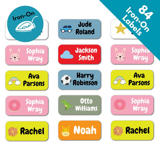 84 x Iron On Name Label Tags For Kids Clothing, Clothes Labels Washable Custom Iron-On