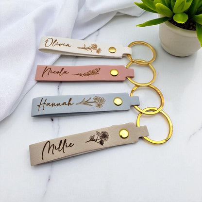 Personalised Leather Keyring Birth Flower Month Custom Keychain For Her | Birthday Gift Mother's Day Bag Tag Strap