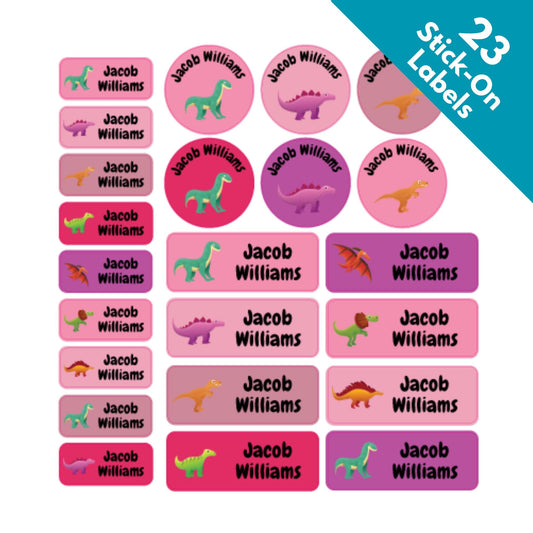 pink dinosaurs mixed name label pack
