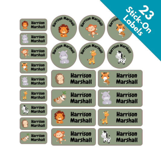 green labels safari animals name tags for kids school stick on