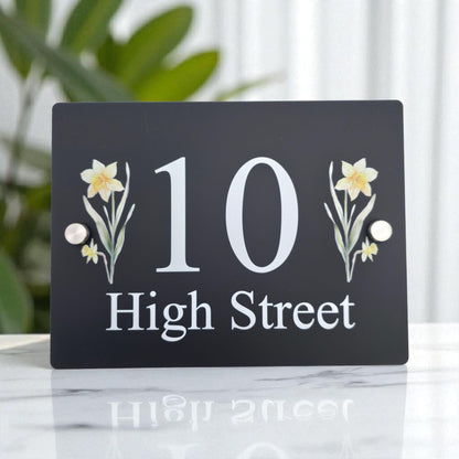Floral House Number Sign Plaque Plate | Black Acrylic Floating Standoff Decorative Flower House Sign