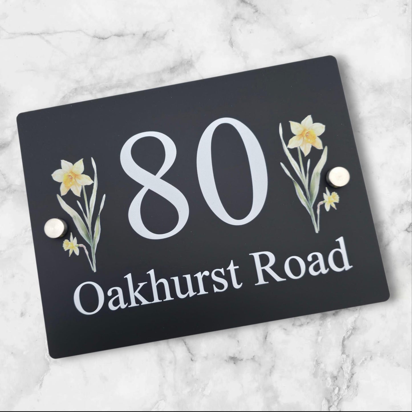 Floral House Number Sign Plaque Plate | Black Acrylic Floating Standoff Decorative Flower House Sign