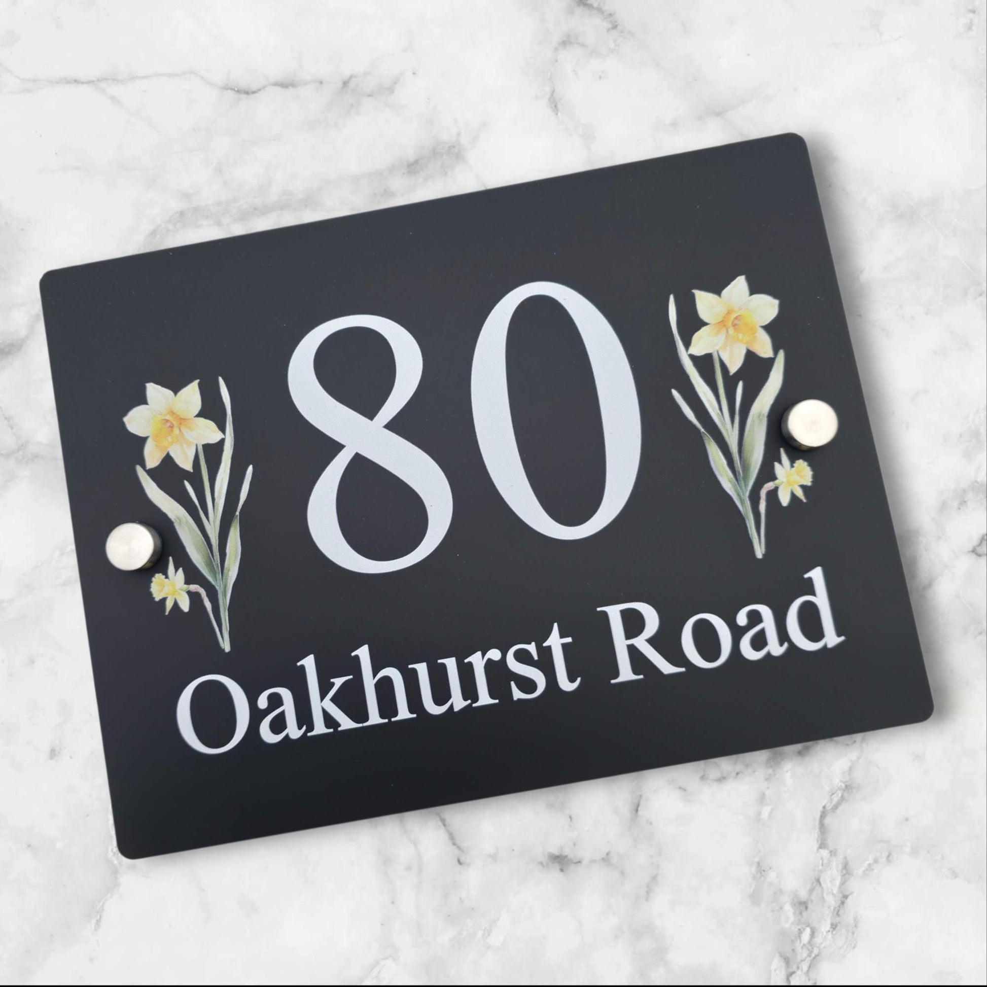 Floral House Number Sign Plaque Plate | Black Acrylic Floating Standoff Decorative Flower House Sign