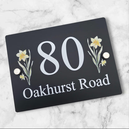 Floral House Number Sign Plaque Plate | Black Acrylic Floating Standoff Decorative Flower House Sign