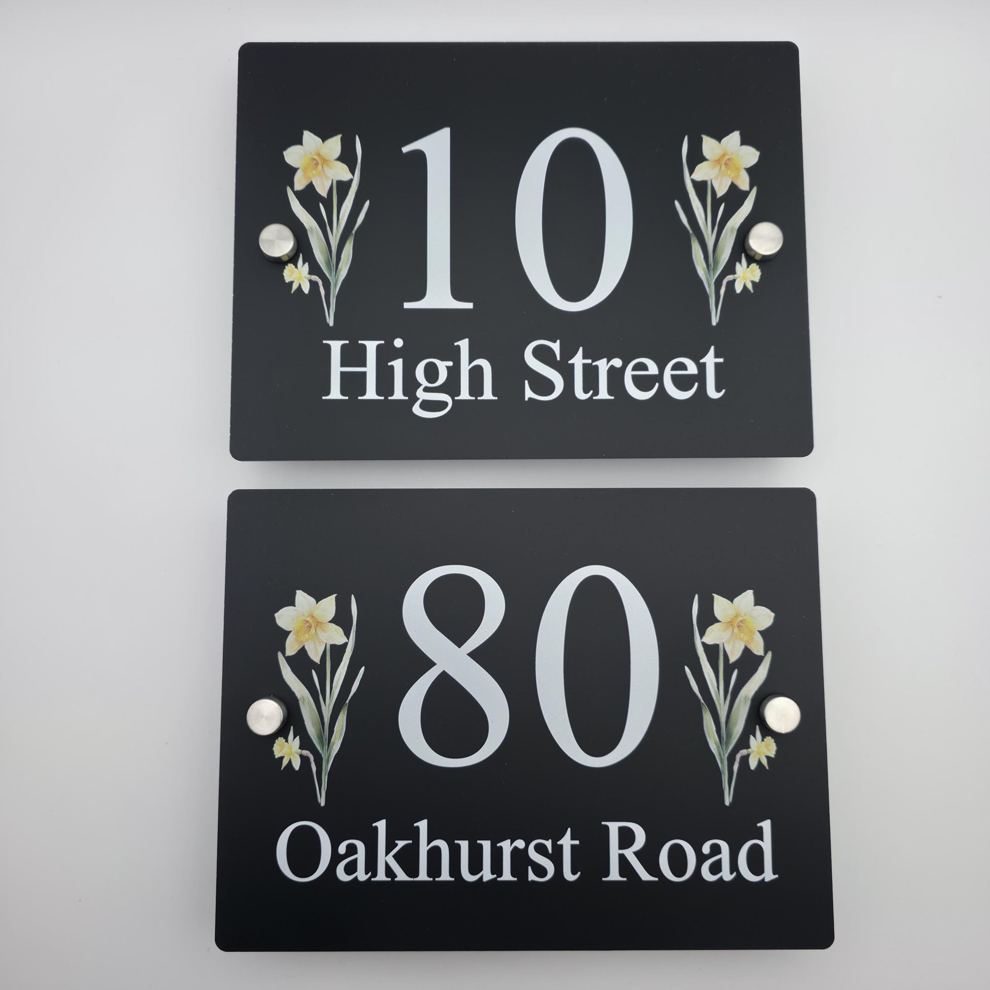 Floral House Number Sign Plaque Plate | Black Acrylic Floating Standoff Decorative Flower House Sign
